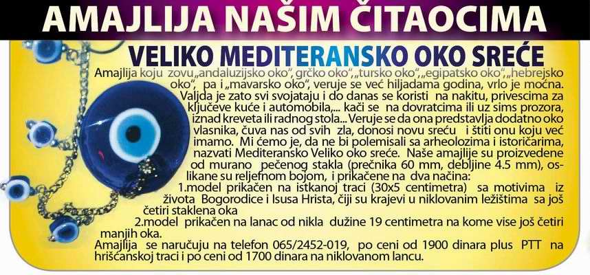 MEDITERANSKO OKO ZA ZAŠTITU,  narucuje se na telefon 065-216 416 0