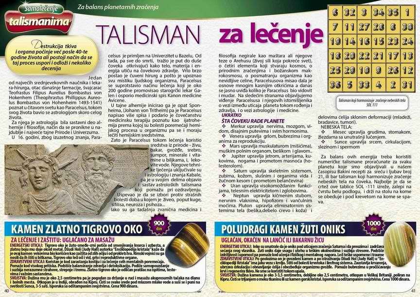 TALISMAN  ZA  LEČENJE - RUBRIKA  IZ  ČASOPISA BAKINI RECEPTI  ZA  ZDRAVLJE I  LEPOTU BROJ 22, naručuje sena telefon 065-216-416-0